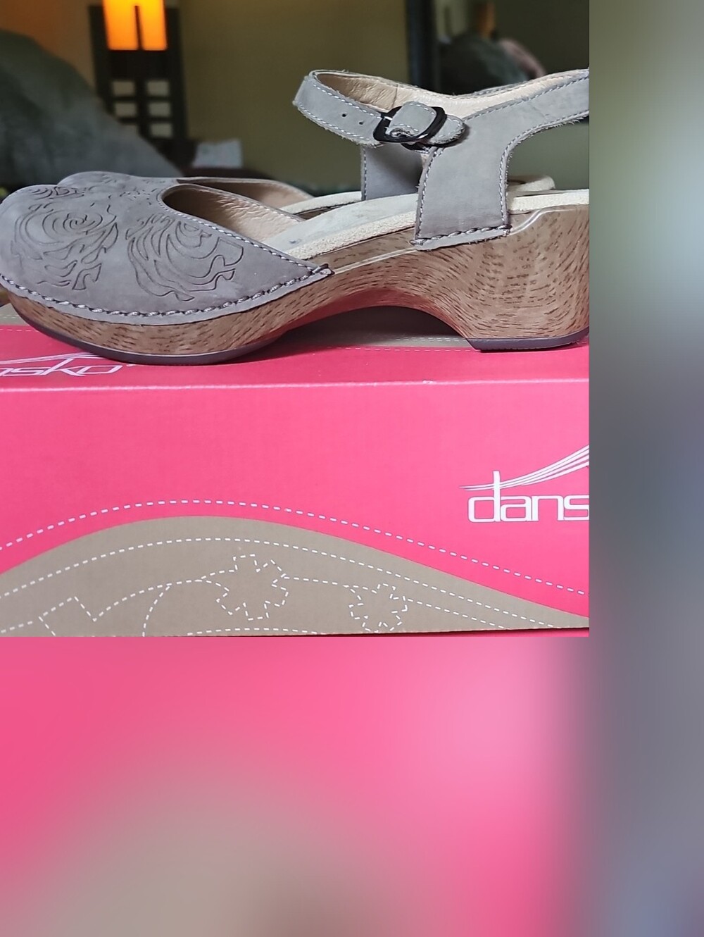 Dansko Taupe Suede Floral-Embossed Clog Mule with Buckle